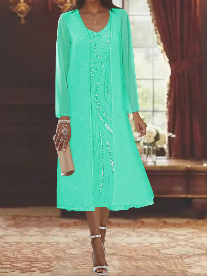 V-Neck Long-Sleeve Tea-Length Mother of the Bride Dress with Jacket and  Sequins