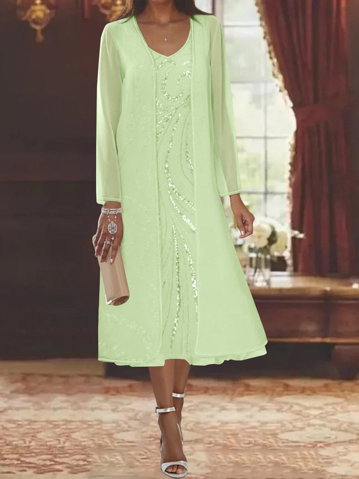 fitted lace wedding dress V-Neck Long-Sleeve Tea-Length Mother of The Bride Dress with Jacket and Sequins