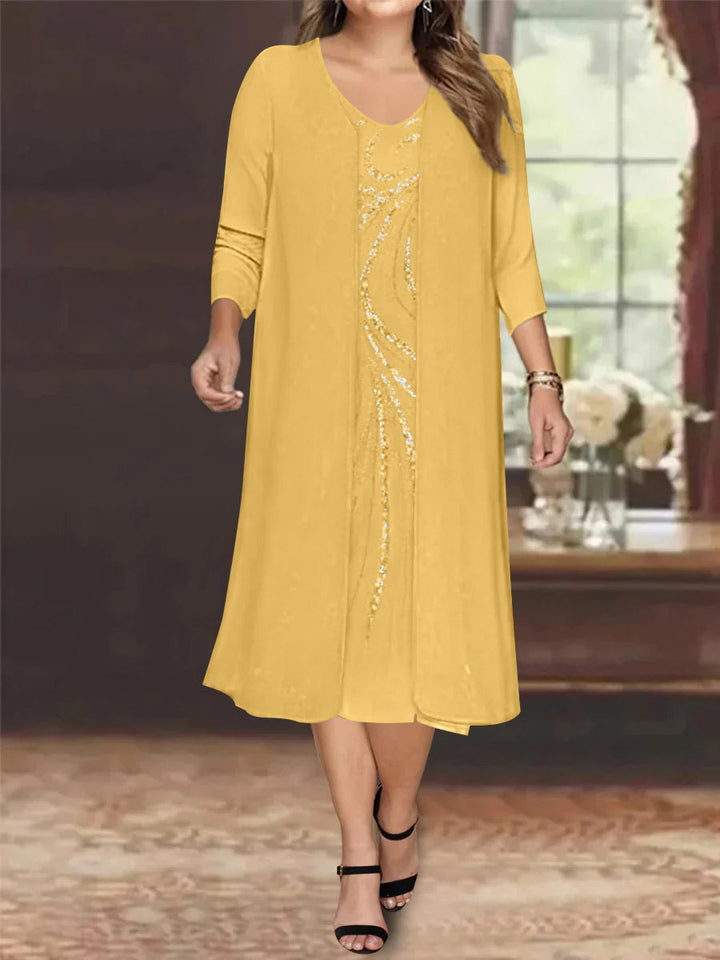 V-Neck Long-Sleeve Tea-Length Plus Size Mother of the Bride Dress with  Jacket and