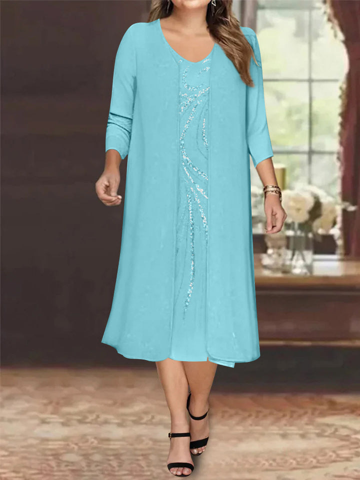 V-Neck Long-Sleeve Tea-Length Plus Size Mother of the Bride Dress with  Jacket and
