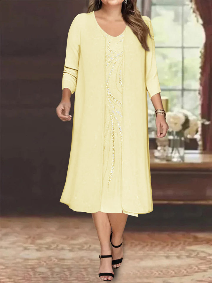 V-Neck Long-Sleeve Tea-Length Plus Size Mother of the Bride Dress with  Jacket and
