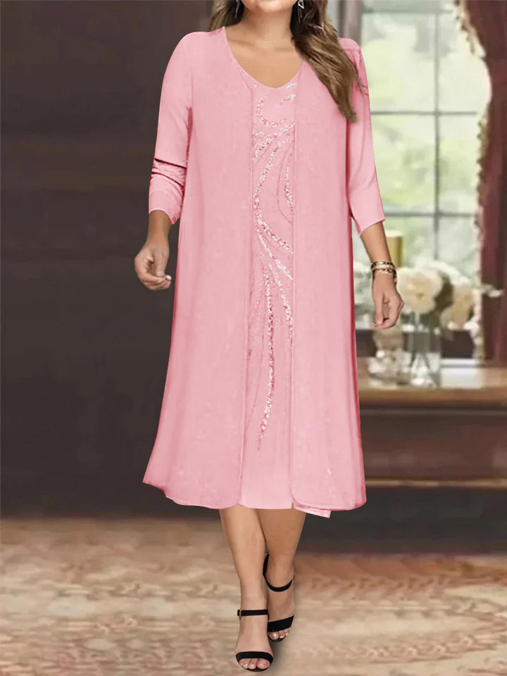 V-Neck Long-Sleeve Tea-Length Plus Size Mother of the Bride Dress with  Jacket and