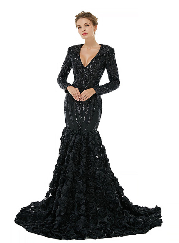 V-Neck Long Sleeves Sequins Mermaid Dress-koscy