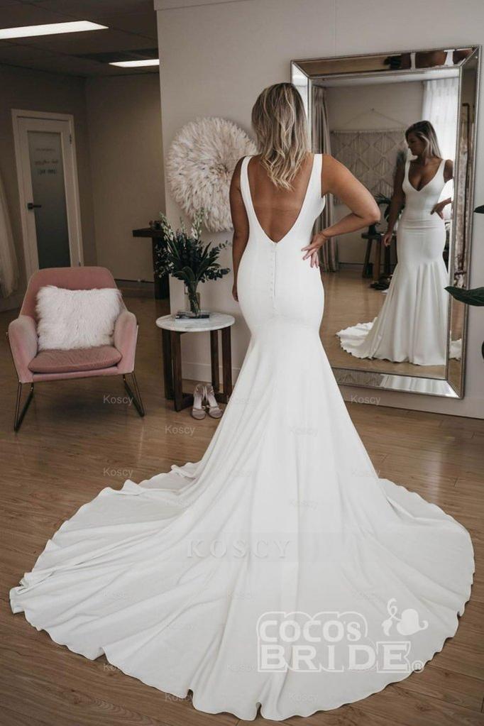 V Neck Mermaid Long Train Backless Beach Wedding Dress