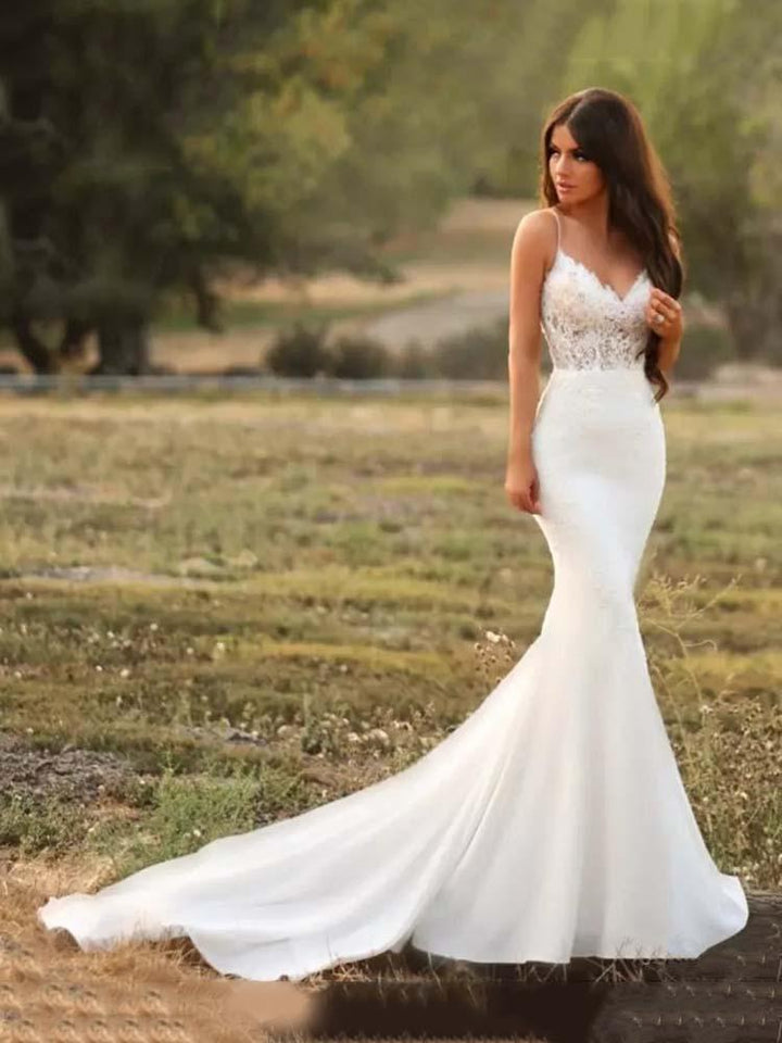 spaghetti strap v neck mermaid wedding dress V-Neck Mermaid Wedding Gown with Spaghetti Straps