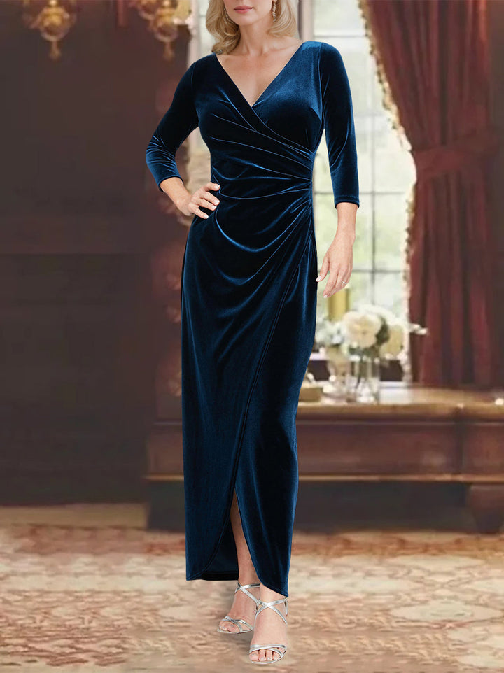 Dark Navy Velvet V-Neck Elegant Long Mother of the Bride Dress with Refined Design