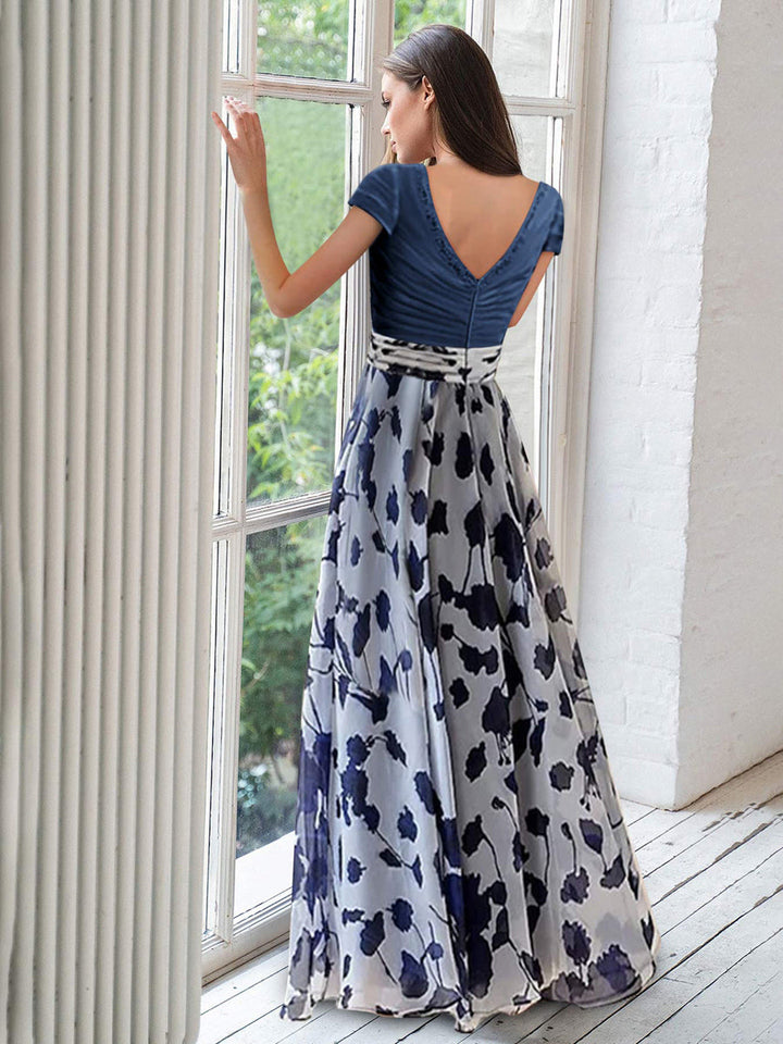 V-Neck Princess A-Line Short Sleeve Mother of the Bride Dress With Floral Ruches V-Neck Princess A-Line Short Sleeve Mother of the Bride Dress With Floral Ruches