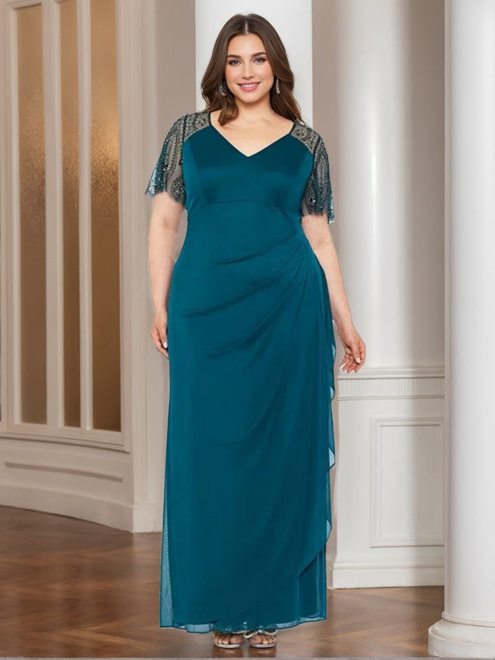 V-Neck Short-Sleeve Beaded Lace Ankle-Length Plus-Size Mother of the Bride  Sheath Dress