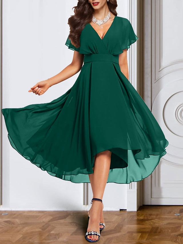 blue dress for baby girl V-Neck Short Sleeve Chiffon Mother of The Bride A-Line Dress with Belt
