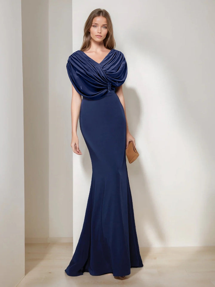 V-Neck Short Sleeve Floor-Length Trumpet/Mermaid Mother of the Bride Dress  with Ruffles and Sequins