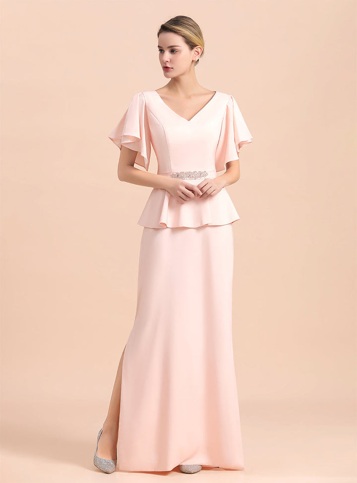 V-Neck Short Sleeves Front Slit Dress-koscy