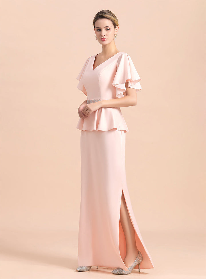 V-Neck Short Sleeves Front Slit Dress-koscy