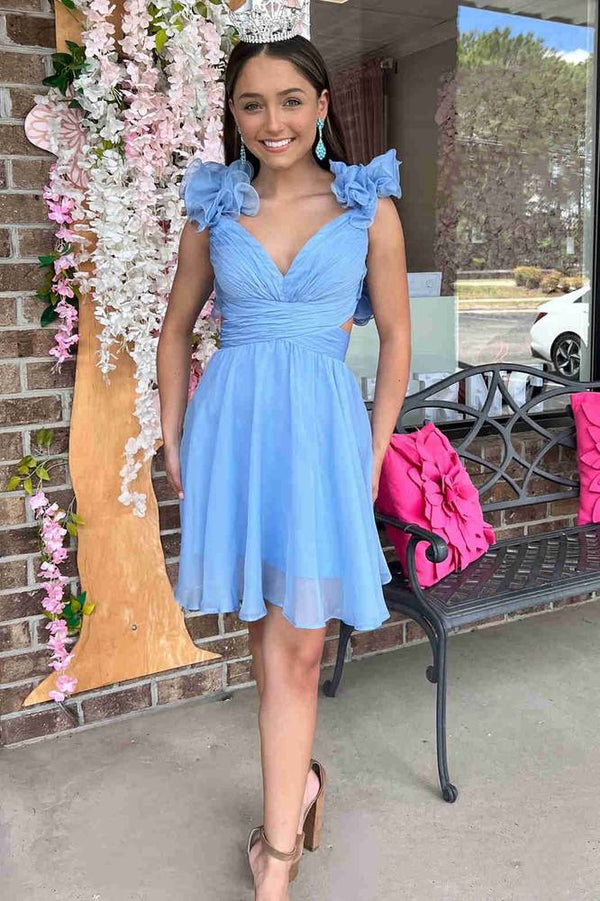 Koscy V-Neck Sky Blue Pleated A-Line Party Dress
