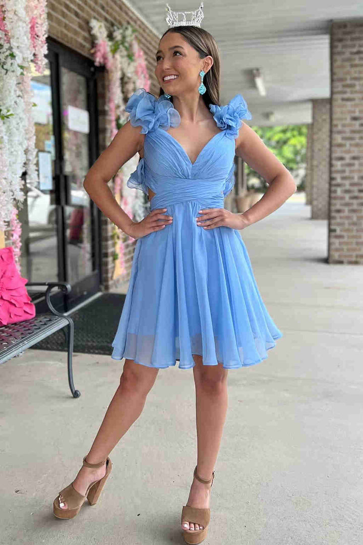 Koscy V-Neck Sky Blue Pleated A-Line Party Dress
