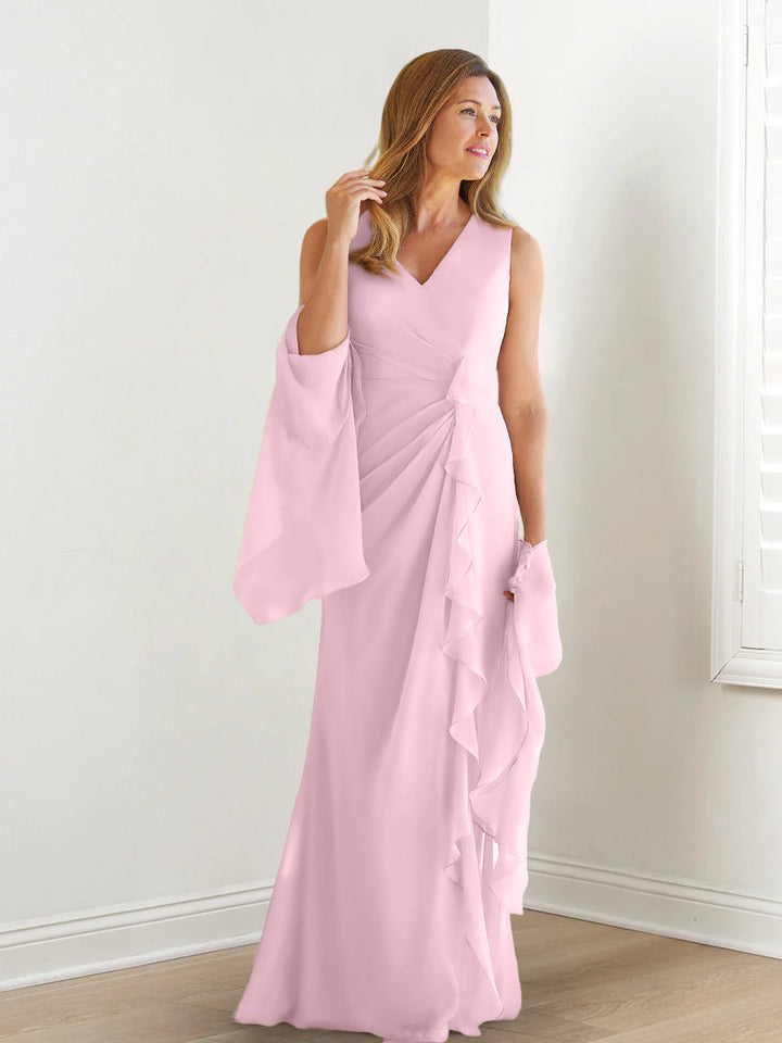 V-Neck Sleeveless Floor-Length Mother of the Bride Gown with Wraps & Ruffles V-Neck Sleeveless Floor-Length Mother of the Bride Gown with Wraps & Ruffles