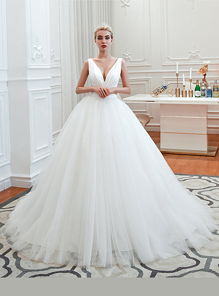 a line wedding dress with cathedral train Shop A-line Wedding Dresses-Koscy