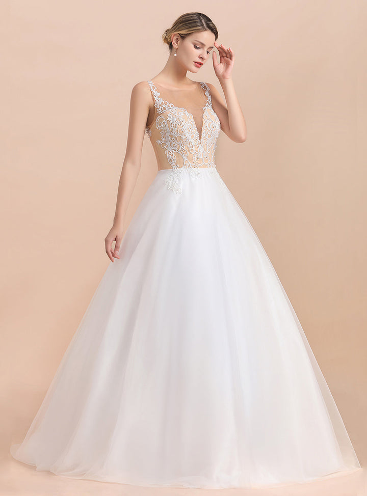 V-Neck Spaghetti Straps Sleeveless Tulle Lace Dress-koscy
