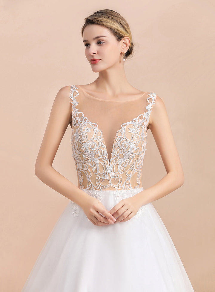 V-Neck Spaghetti Straps Sleeveless Tulle Lace Dress-koscy