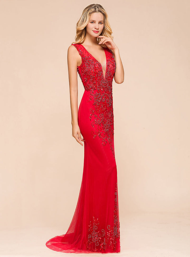 V-Neck Straps Sleeveless Floor-Length Dress-koscy