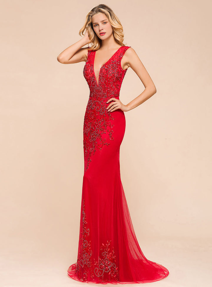 V-Neck Straps Sleeveless Floor-Length Dress-koscy