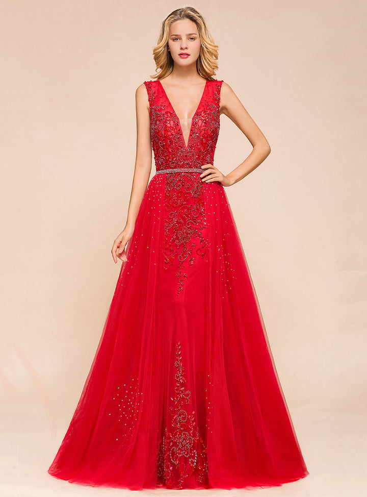 V-Neck Straps Sleeveless Floor-Length Dress-koscy