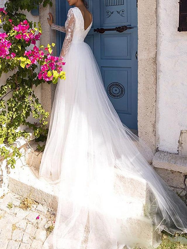 Wedding Gown Jumpsuits Jewel Neck Court Train Lace Tulle Polyester Long Sleeve Illusion Sleeve