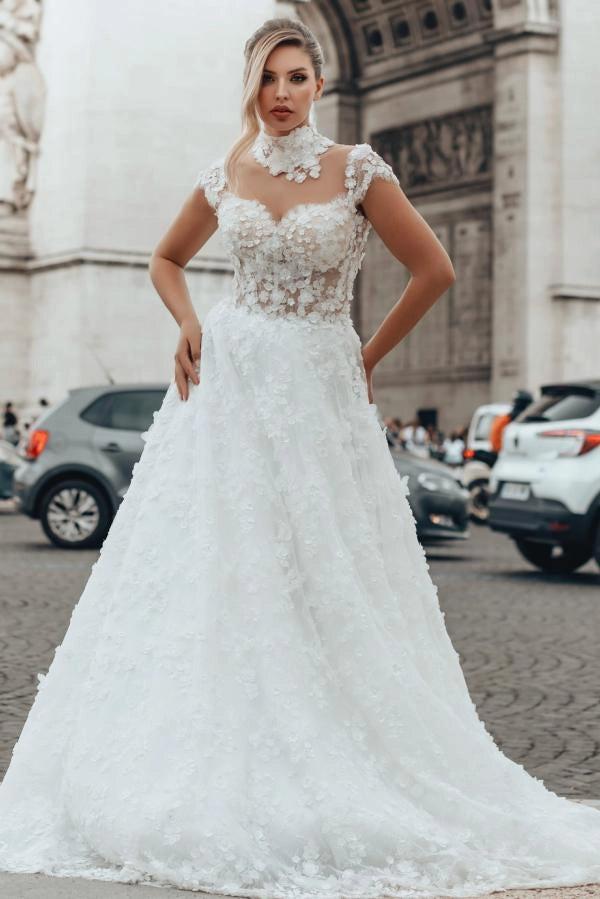 high neck a line wedding dress ANTHA | Flowy A-line with sweeping the floor gracefully as you walk down the aisle like royalty A-line Chiffon Wedding Dress With