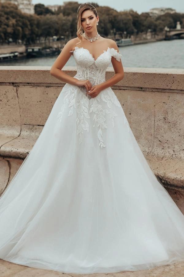 White A-Line Wedding Dress Off Shoulder Sweetheart 3D White Feather Floral  Applique Shoulder Sheer Illusion Boned Corset White Baroque Scroll Vine  Lace Embroidery Rhinestone Waist Belt All-Over Floral Lace Tulle Cathedral  Train |