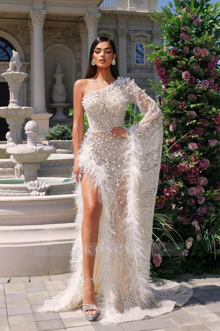 White Evening Dress Tulle One Shoulder With High Slit