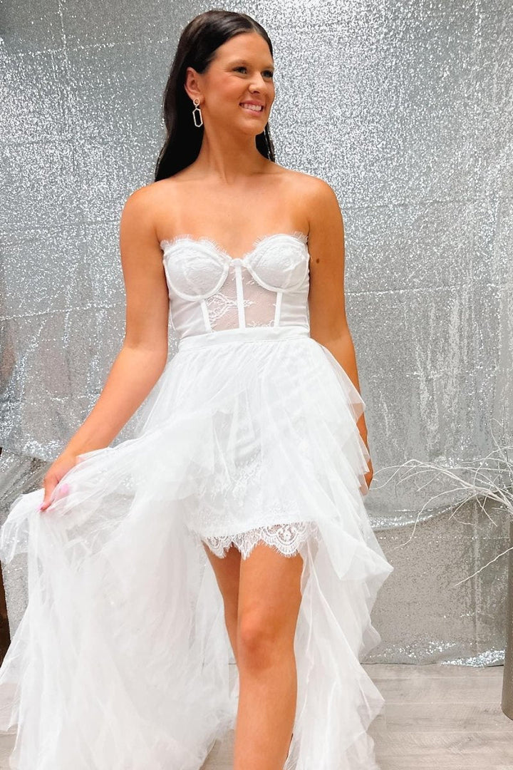 Koscy White Lace Corset High-Low Party Dress with Ruffles