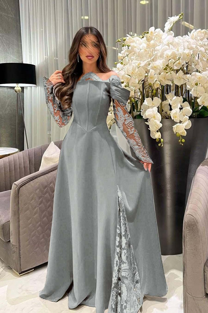 grey and white formal dress Off the Shoulder Long Sleeves Long With Appliques light grey formal dress