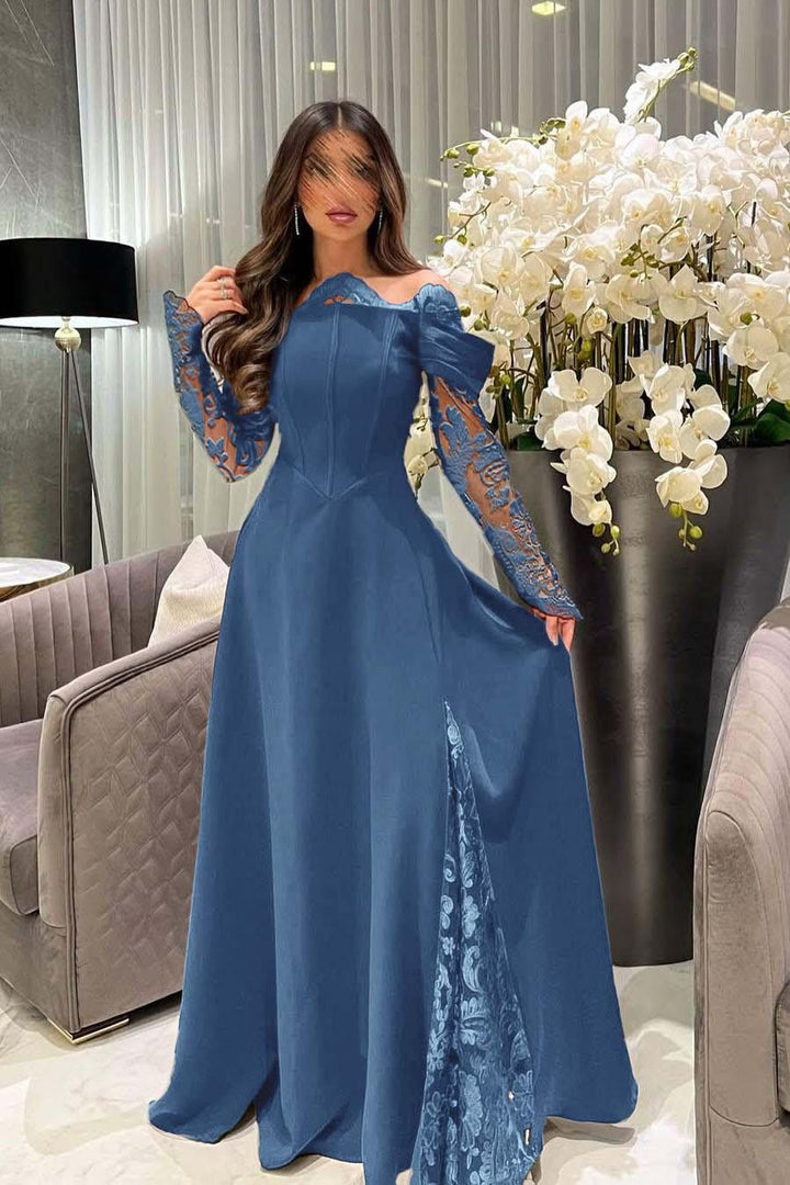 long sleeve formal dresses canada White Off the Shoulder Sleeves Long Dress With Appliques elegant long sleeve wedding guest dresses