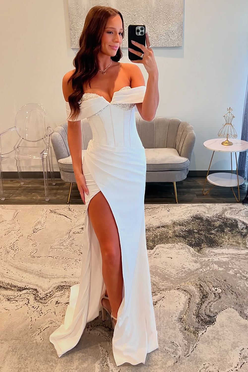 White Off The Shoulder Mermaid Satin Long Corset Prom Dress with Beading White Off The Shoulder Mermaid Satin Long Corset Prom Dress with Beading
