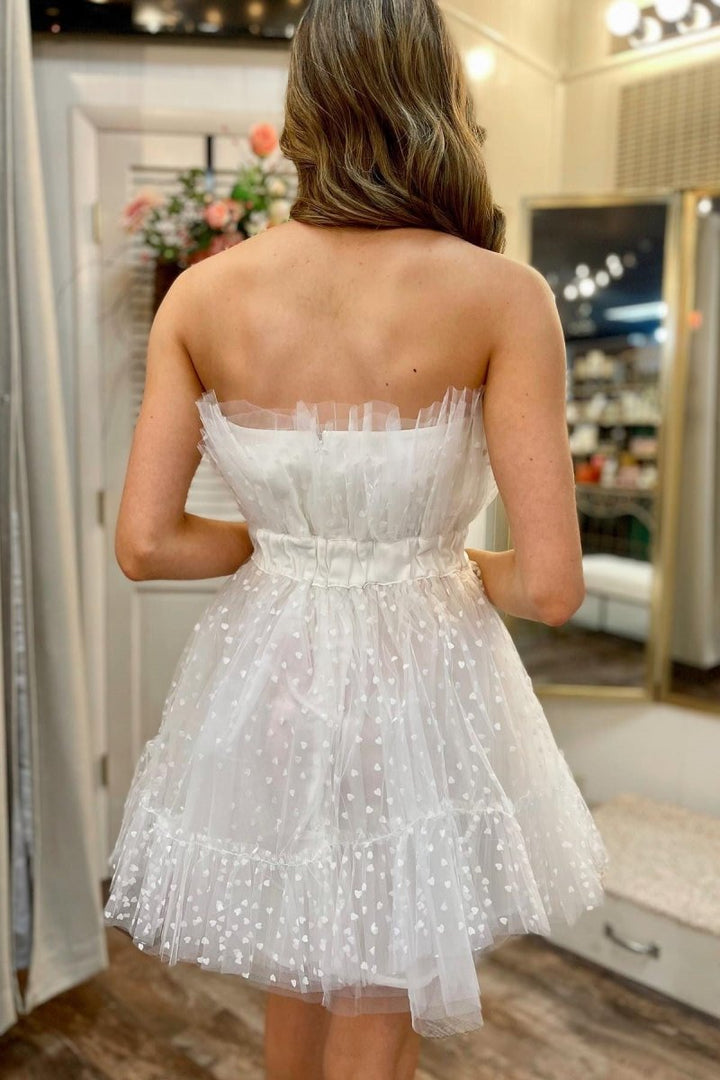 Koscy A-Line White Polka Dot Strapless Ruffle Short Homecoming Dress