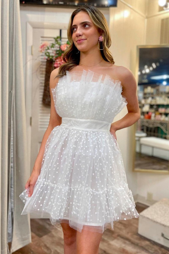 Koscy A-Line White Polka Dot Strapless Ruffle Short Homecoming Dress