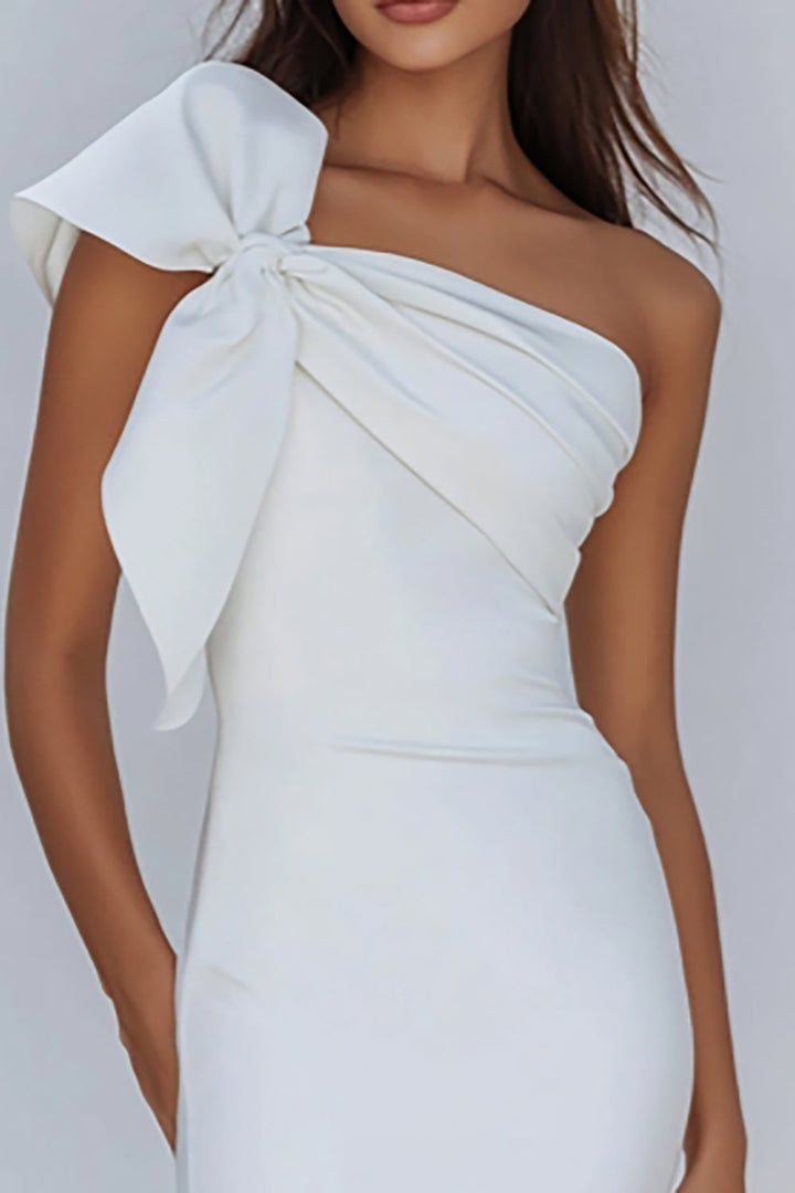 White Satin One Shoulder Ruched Short Tight Graduation Dress with Bow White Satin One Shoulder Ruched Short Tight Graduation Dress with Bow