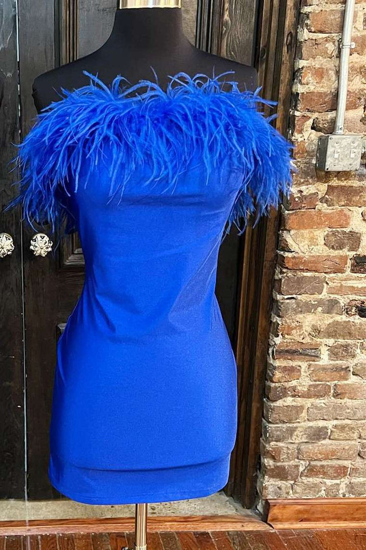 Koscy White Strapless Feather Bodycon Short Party Dress