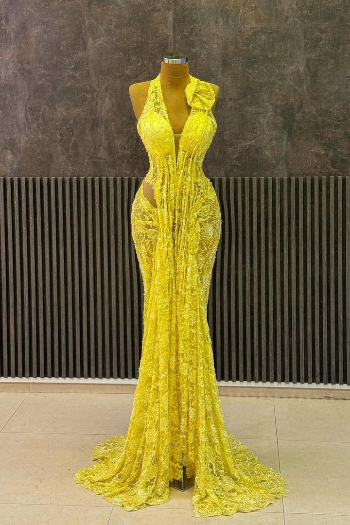 Yellow Lace Halter Neck Sleeveless Mermaid Long Formal Dress With Ruffles Yellow Lace Halter Neck Sleeveless Mermaid Long Formal Dress With Ruffles