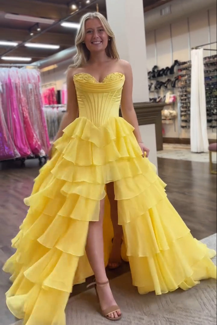 Yellow Princess Sweetheart Chiffon Ruffled Long Corset Prom Dress with Slit Yellow Princess Sweetheart Chiffon Ruffled Long Corset Prom Dress with Slit
