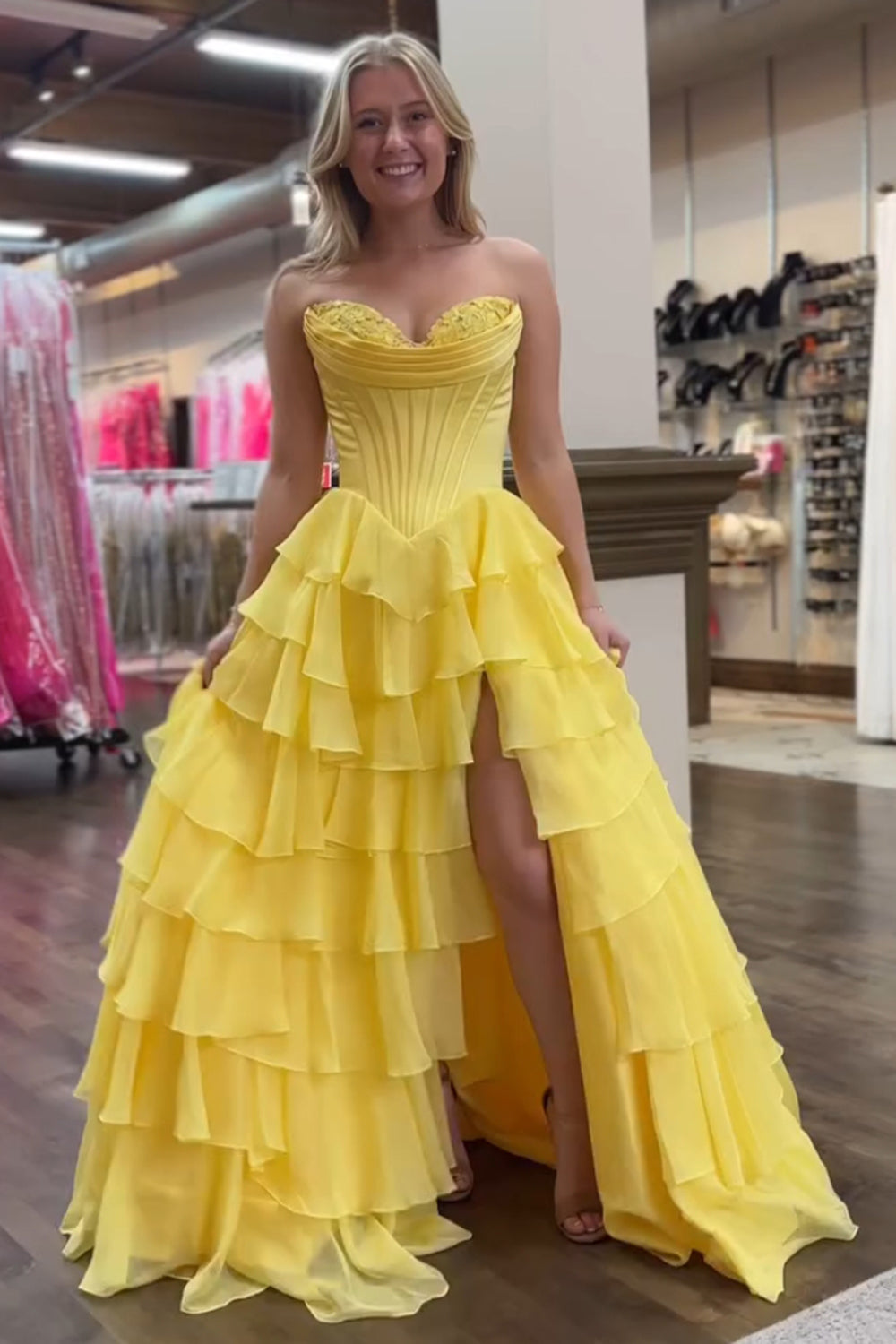 Yellow Princess Sweetheart Chiffon Ruffled Long Corset Prom Dress with Slit Yellow Princess Sweetheart Chiffon Ruffled Long Corset Prom Dress with Slit