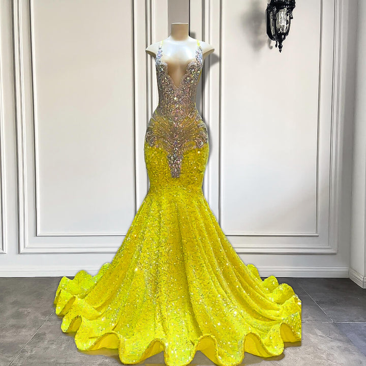 Yellow V-Neck Sleeveless Mermaid Prom Dress Featuring Beadings and Seq