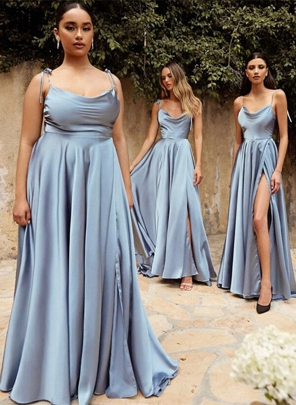 A-Line/Princess Cowl Neck Satin Floor-Length Bridesmaid Dresses With Split Front