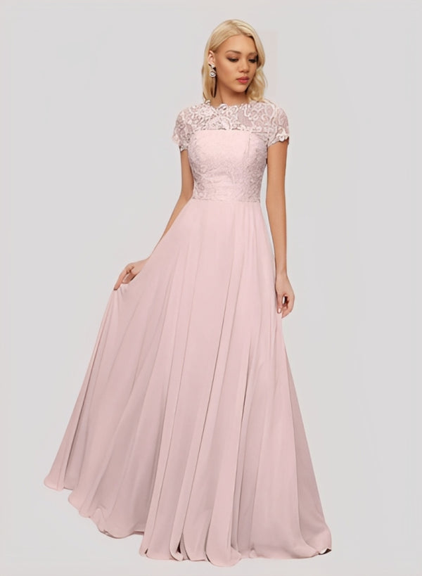 A-Line Scoop Neck Sleeveless Cap Straps Chiffon Floor-Length Bridesmaid Dress With Lace