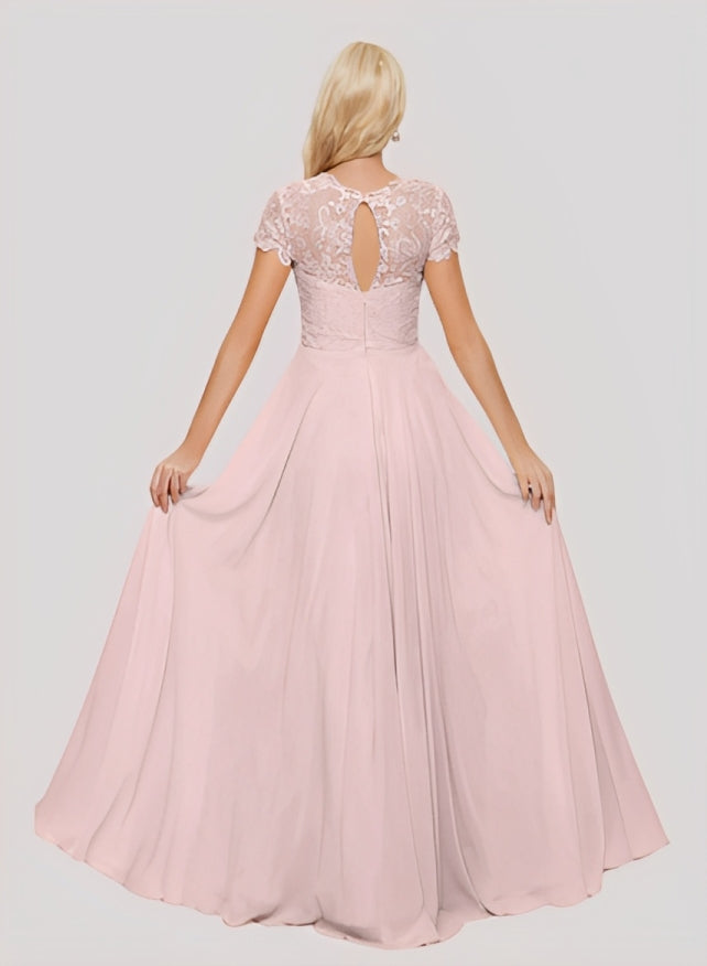 A-Line Scoop Neck Sleeveless Cap Straps Chiffon Floor-Length Bridesmaid Dress With Lace