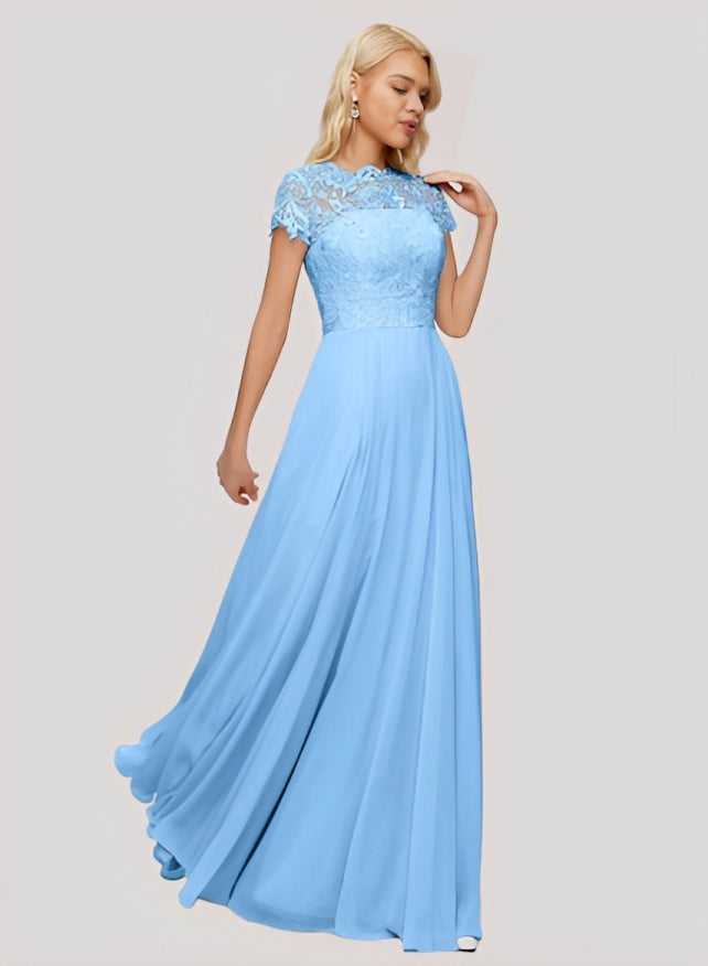 A-Line Scoop Neck Sleeveless Cap Straps Chiffon Floor-Length Bridesmaid Dress With Lace