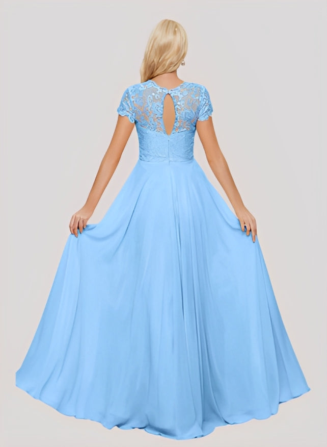 A-Line Scoop Neck Sleeveless Cap Straps Chiffon Floor-Length Bridesmaid Dress With Lace