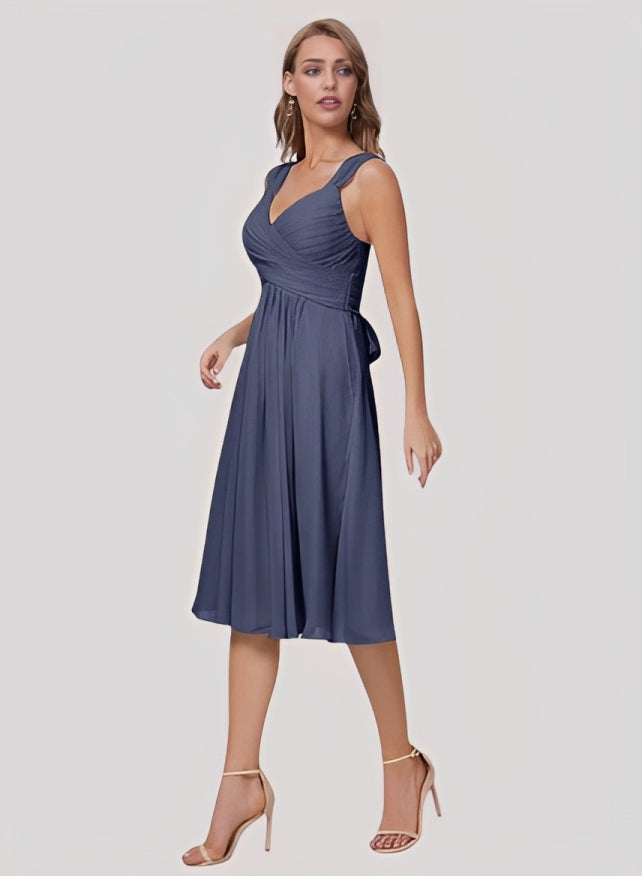 A-Line V-Neck Sleeveless Chiffon Knee-length Bridesmaid Dress With Pleated Bow Pockets