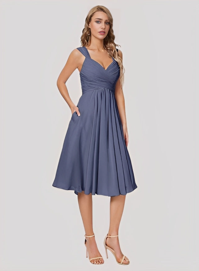 A-Line V-Neck Sleeveless Chiffon Knee-length Bridesmaid Dress With Pleated Bow Pockets