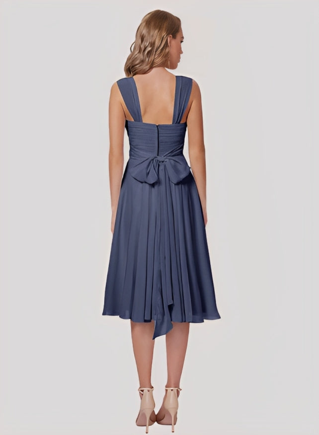 A-Line V-Neck Sleeveless Chiffon Knee-length Bridesmaid Dress With Pleated Bow Pockets