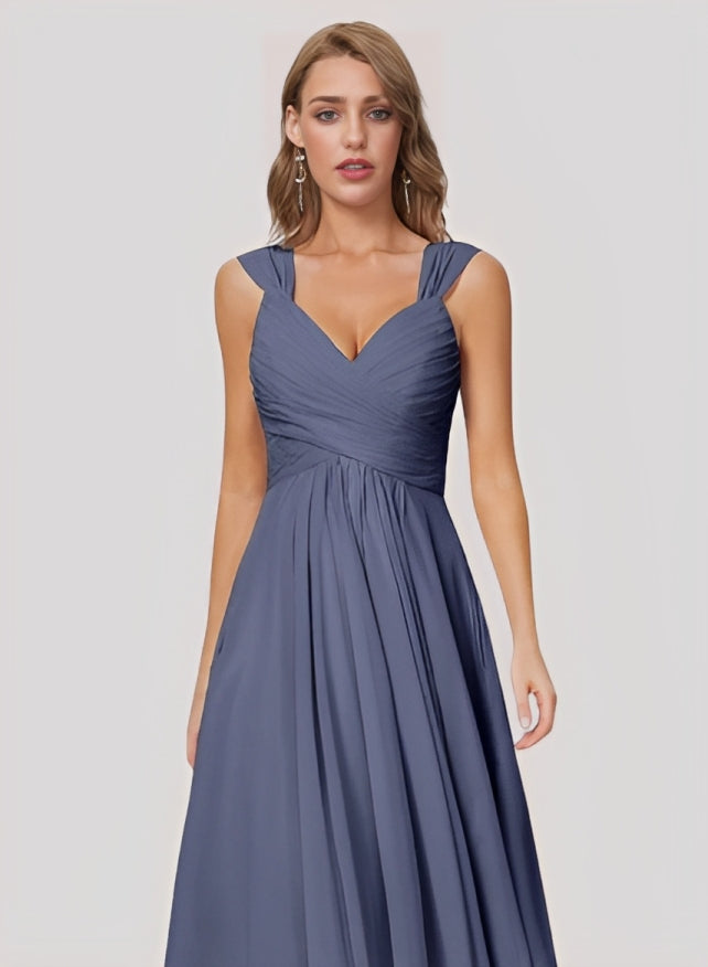 A-Line V-Neck Sleeveless Chiffon Knee-length Bridesmaid Dress With Pleated Bow Pockets